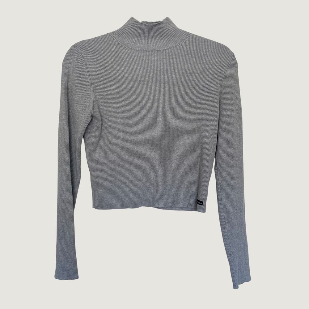 Calvin Klein Jeans Mock Neck Ribbed Sweater Gray Cropped Knit Top Medium